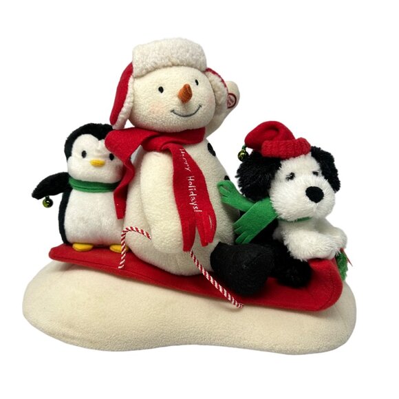 Hallmark Jingle Pals Snow What Fun Sledders Snowman Penguin Dog Musical Decor - Picture 1 of 7
